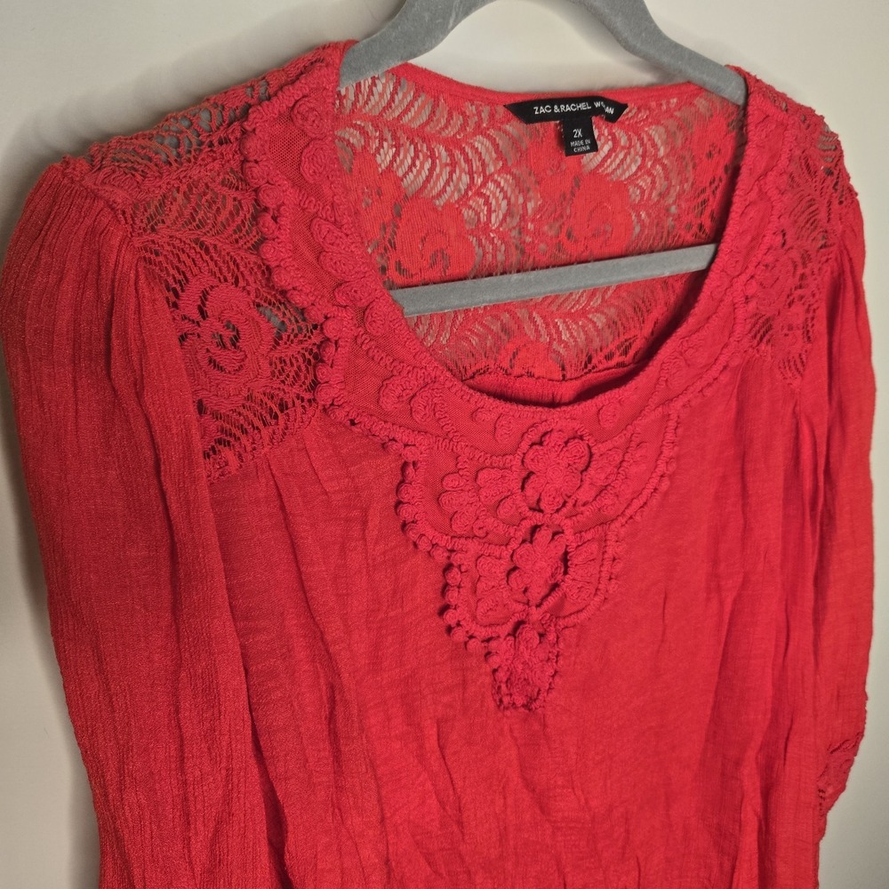 Red Lace Crochet Boho Blouse Top Shirt Plus 2XL Zac & Rachel 3/4 Balloon Sleeve - Picture 3 of 10